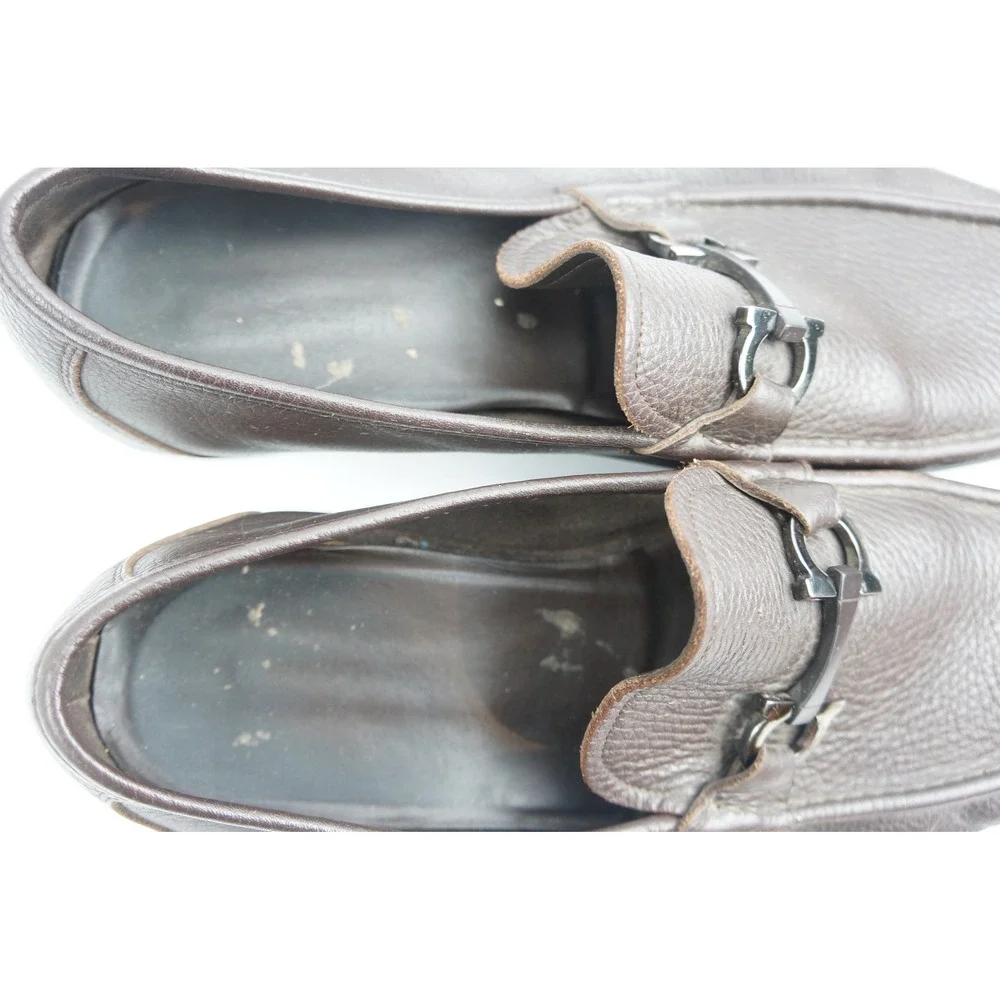 Salvatore Ferragamo Loafers 13 Brown Gancini Pebble Grain Leather Good